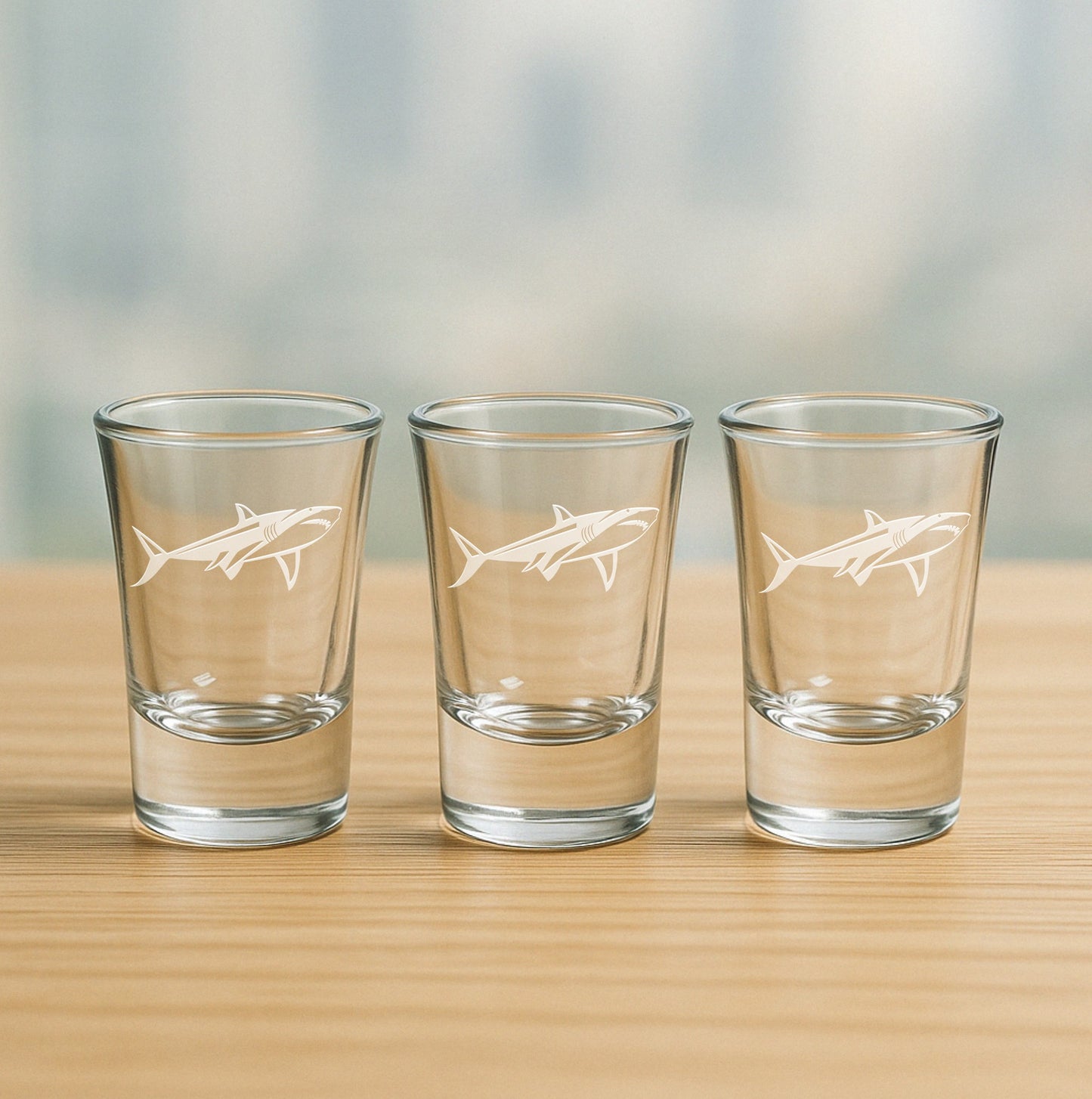 Set of 3 etched shot glasses with detailed shark design – fun party gift for beachgoers and shark enthusiasts