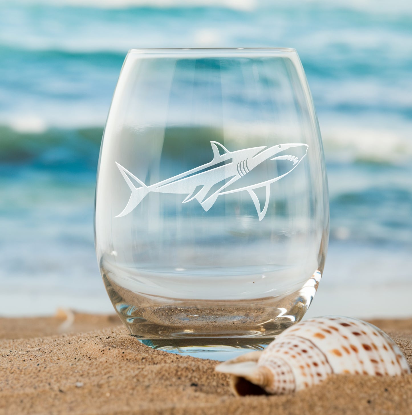 Stemless wine glass with etched detailed shark design – great gift for shark lovers and ocean enthusiasts, perfect for birthdays and special occasions.