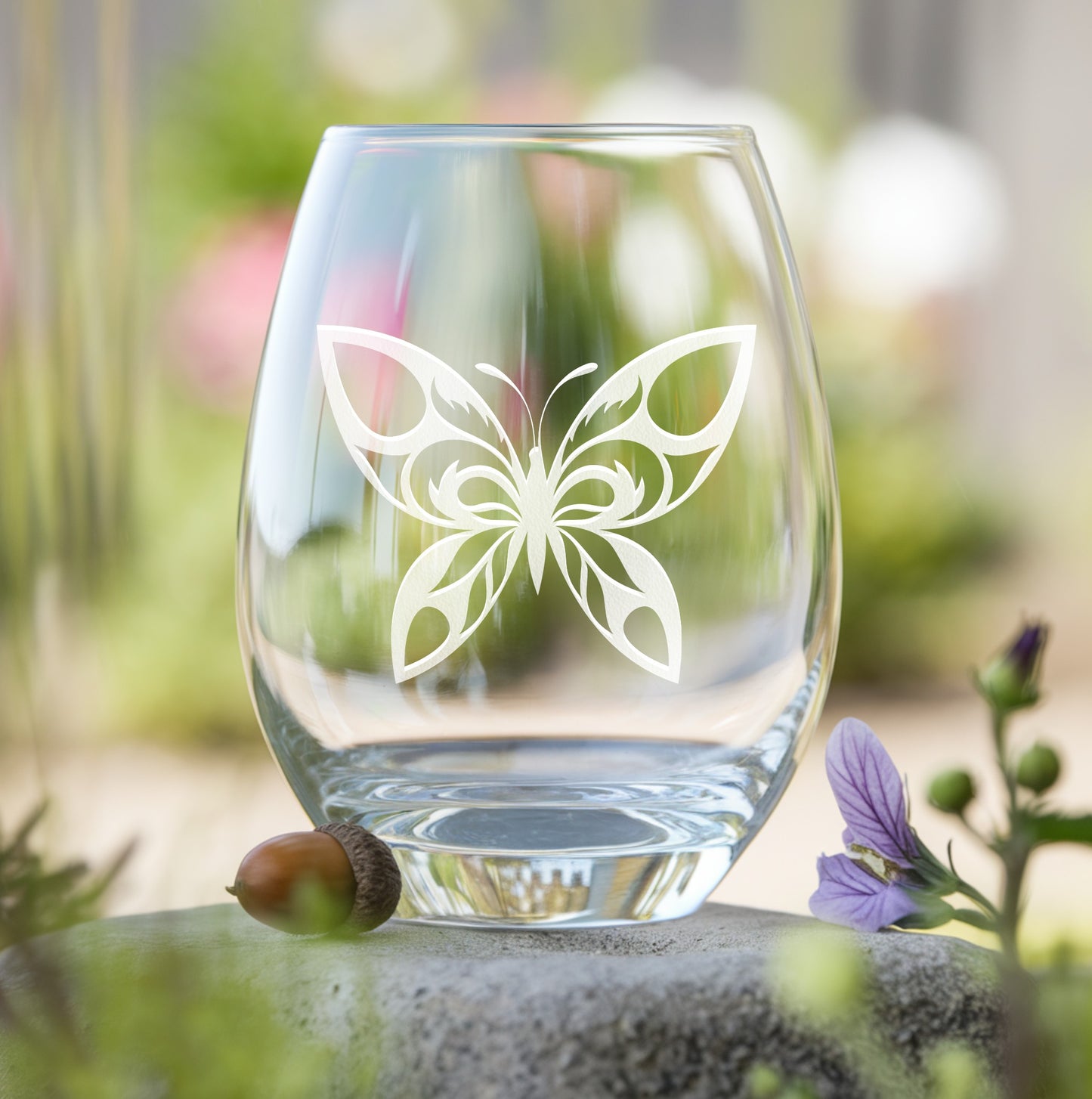 Stemless wine glass with etched beautiful butterfly design – perfect gift for butterfly lovers, ideal for enjoying wine with a graceful, nature-inspired touch.