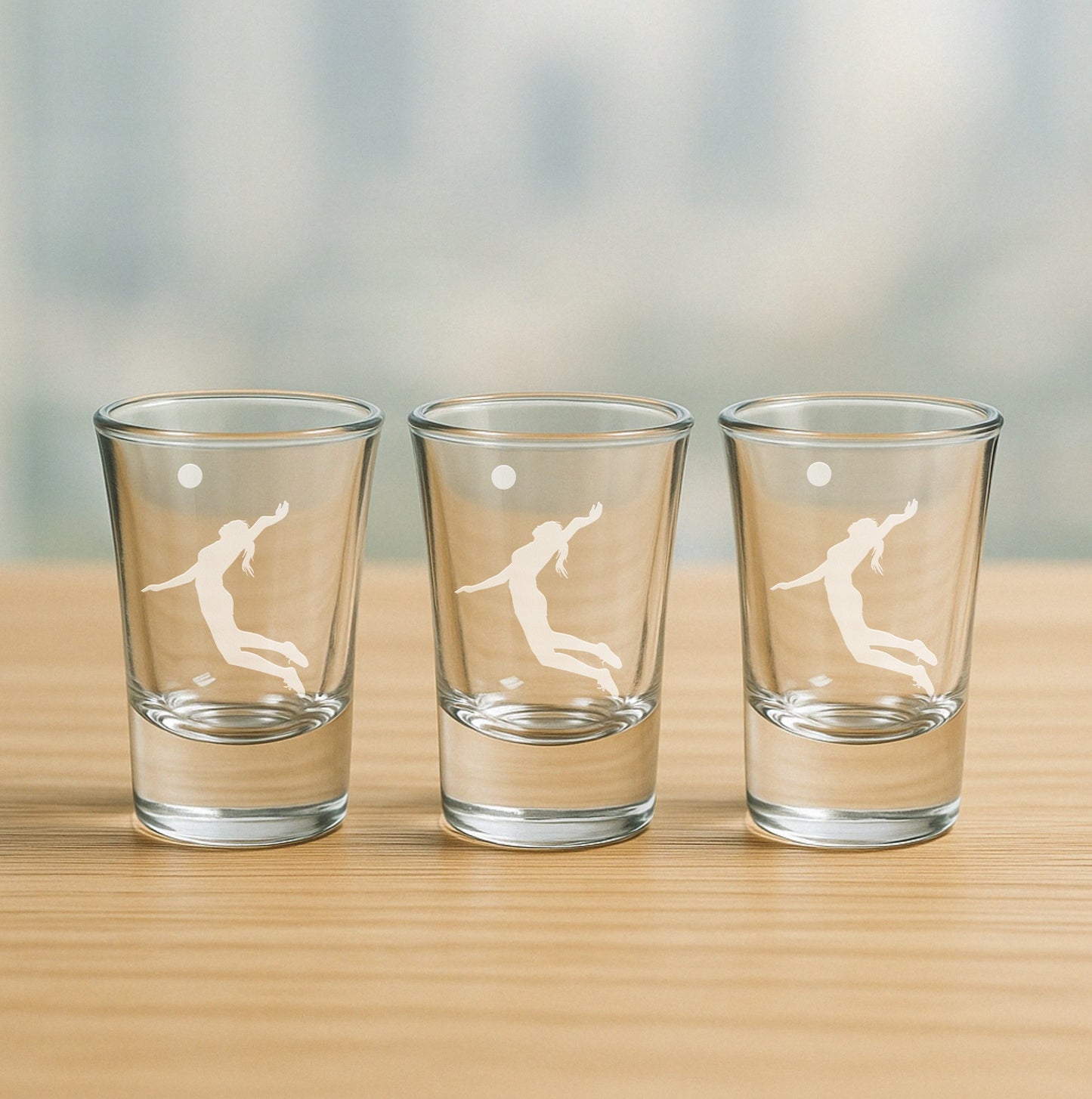 Set of 3 etched shot glasses with female volleyball player design – fun gift for volleyball parties, athletic events, and coach appreciation