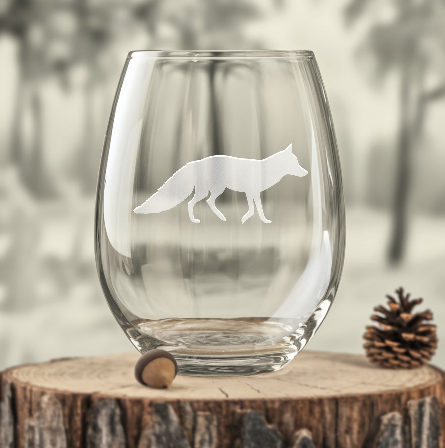 Stemless wine glass with Fox design – an intricate fox illustration, perfect for wildlife lovers, forest animal gifts, and nature-inspired decor.