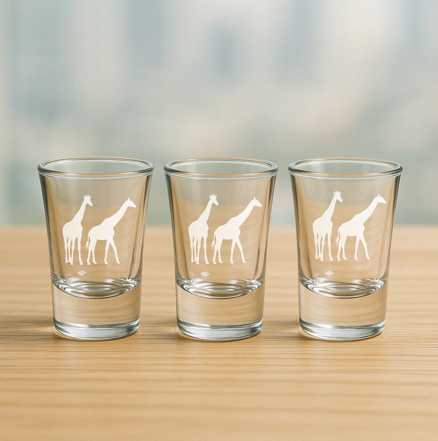 Set of 3 shot glasses featuring giraffe etching – unique custom animal barware, ideal gift for nature and wildlife enthusiasts
