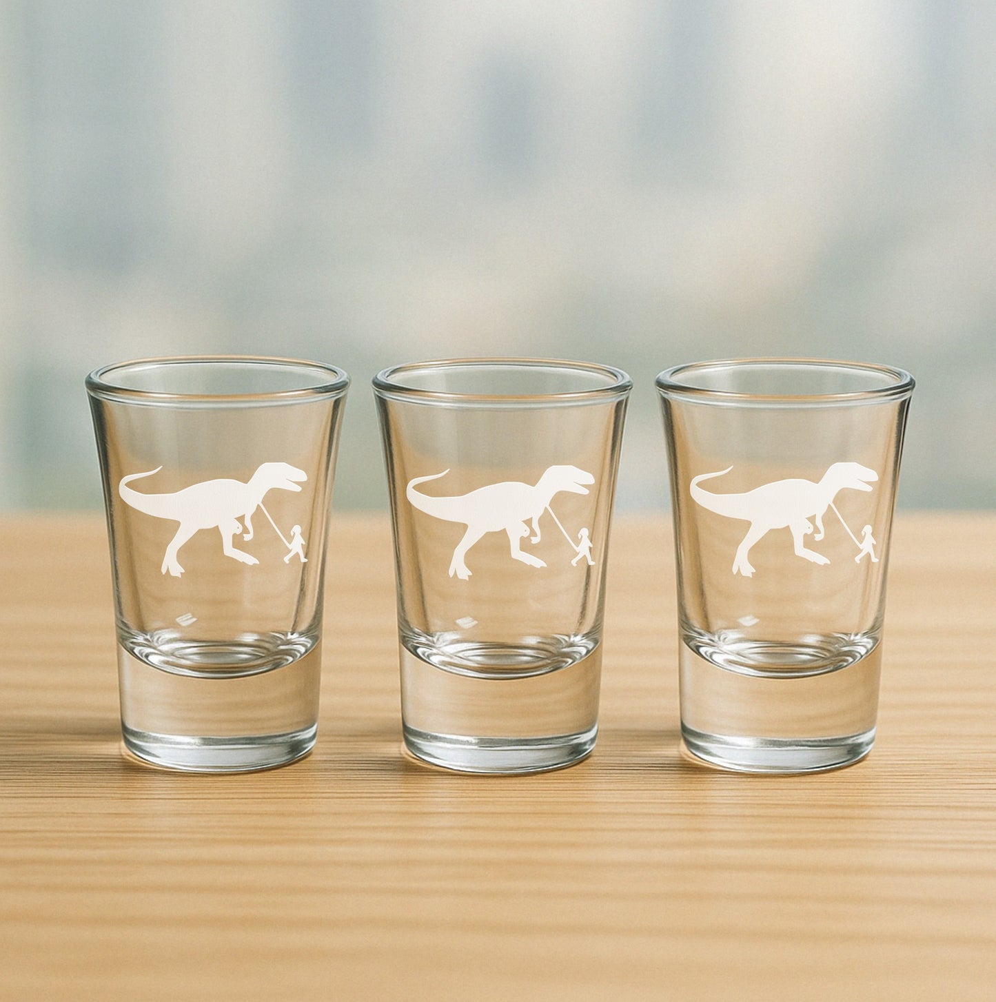 Girl Walking T-Rex Dinosaur Etched Glasses - Wine, Champagne, Pint Glasses, Shot Glass Sets - Kitchen, Bar, Gifts