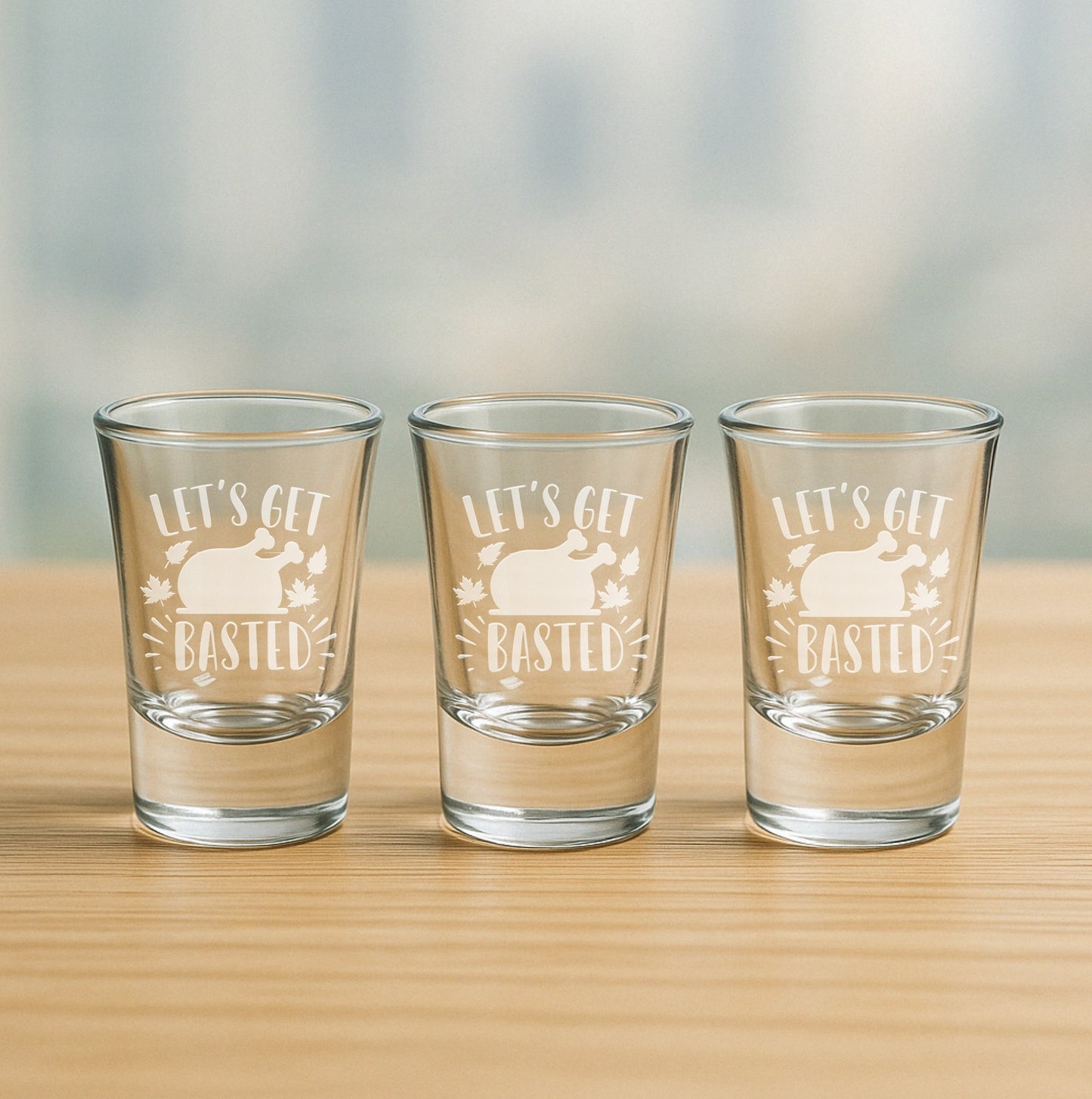 Set of 3 etched shot glasses with “Let’s Get Basted” turkey design – fun party gift for Thanksgiving hosts, holiday drinkers, and seasonal celebrations