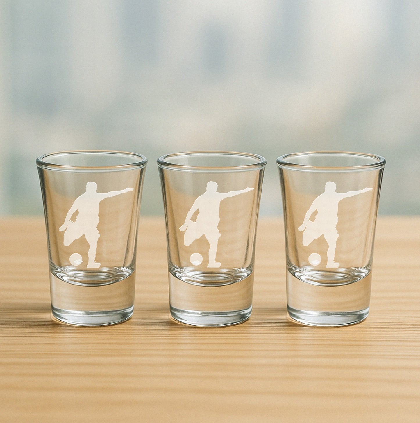 Set of 3 etched shot glasses with male soccer player design – fun gift for team parties, soccer-themed events, and coach appreciation