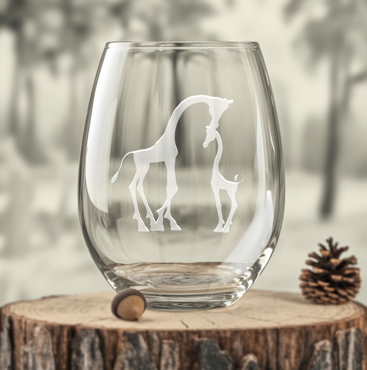 Stemless wine glass with Mother and Baby Giraffe design – a beautiful giraffe family engraving, perfect for animal lovers, safari-themed gifts, and wildlife-inspired celebrations.