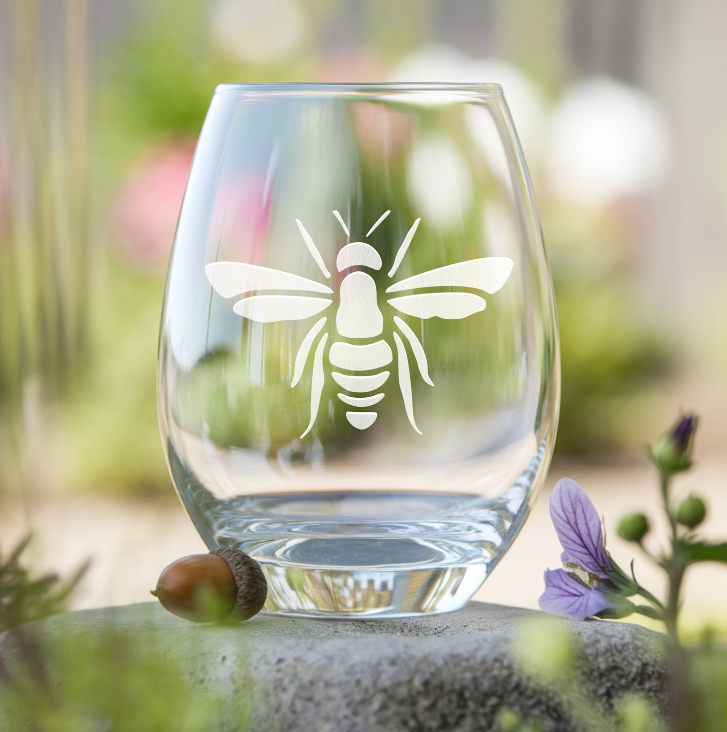 Stemless wine glass with etched honey bee design – perfect gift for nature lovers, ideal for enjoying wine with a charming, bee-inspired touch.