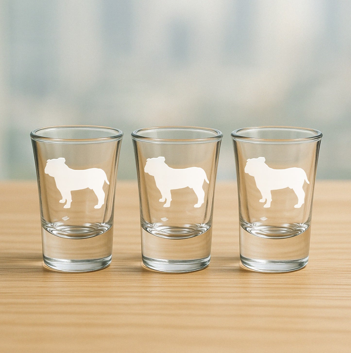 Set of 3 etched shot glasses with standing Bulldog design – fun gift for dog lovers, pet owners, and animal-themed gatherings