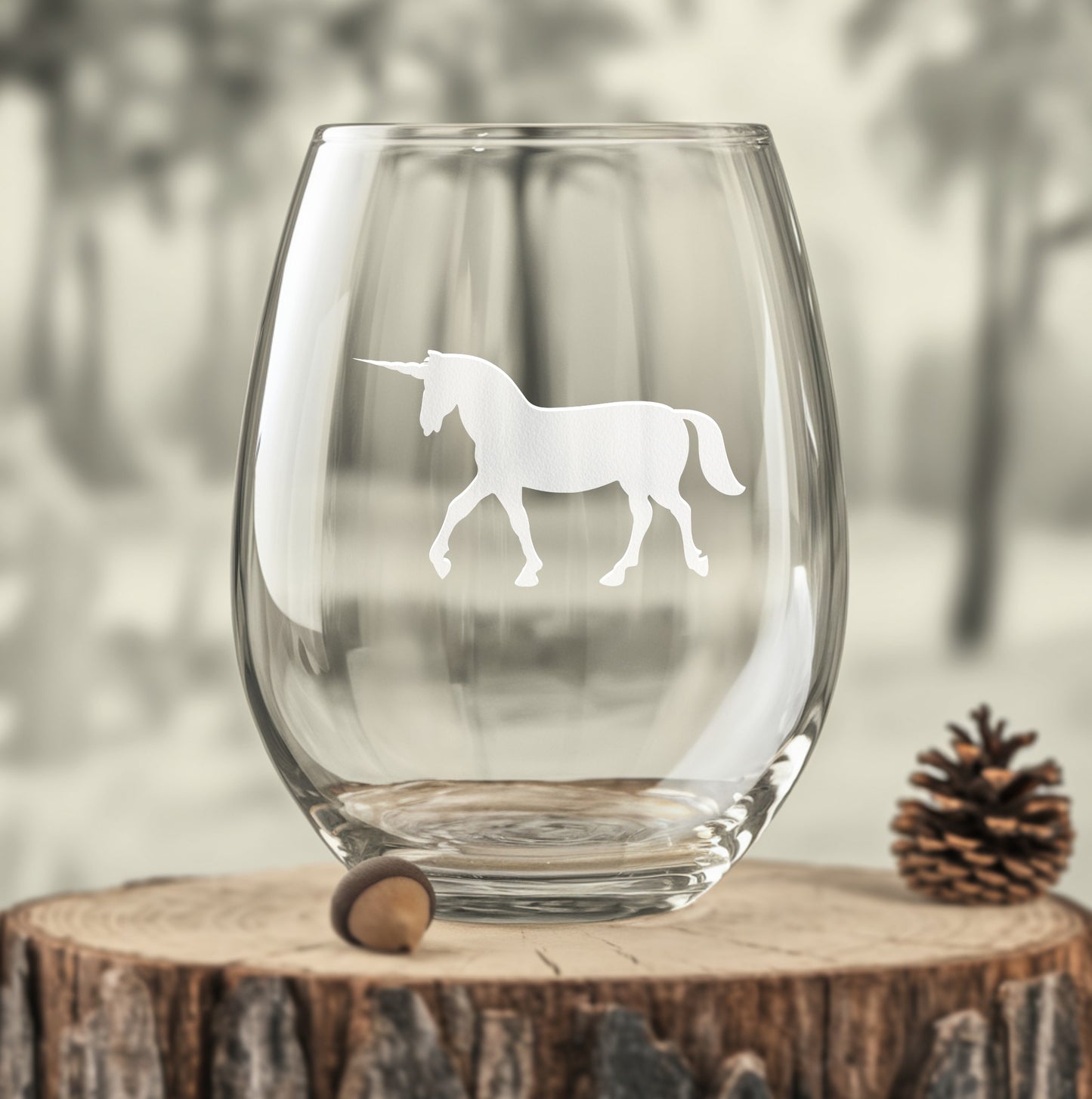 Stemless wine glass with etched unicorn design – a magical unicorn engraving, perfect for fantasy lovers, birthday gifts, and whimsical home décor.