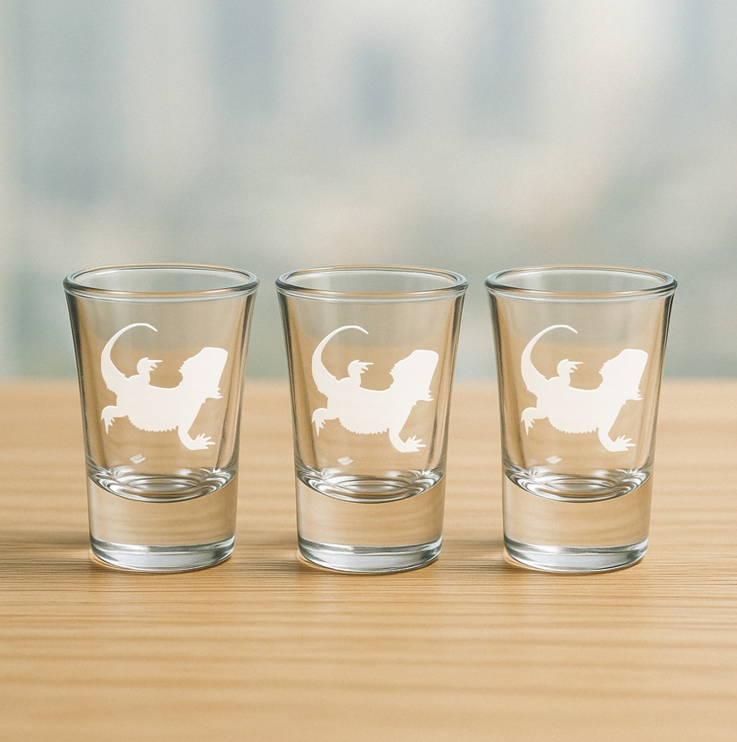 Set of 3 etched shot glasses with bearded dragon design – fun novelty gift for reptile fans, custom barware collectors, and wildlife enthusiasts