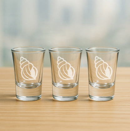 Set of 3 etched shot glasses with swirly seashell design – fun nautical gift for parties, ocean enthusiasts, and beach houses