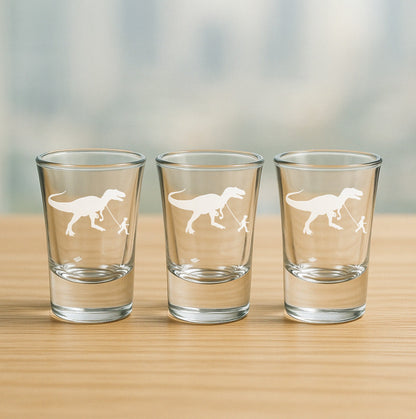 Hand-Etched Boy Walking T-Rex Glasses - Wine, Champagne, Pint Glasses, Shot Glass Sets - Kitchen, Bar, Gifts