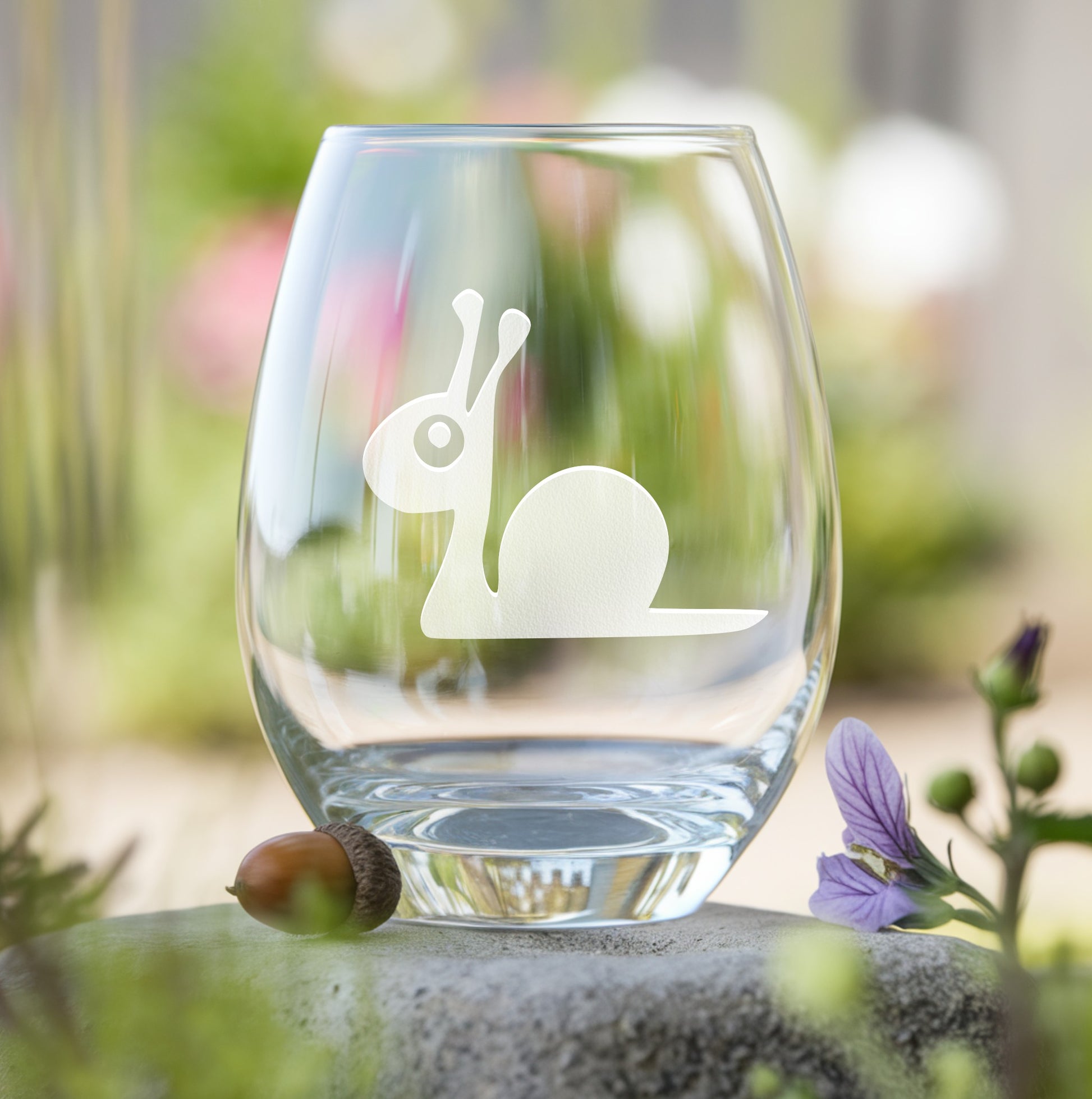 Stemless wine glass with etched cute snail design – perfect gift for nature enthusiasts, ideal for enjoying wine with a charming, nature-inspired touch.