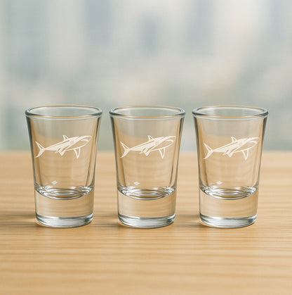Set of 3 etched shot glasses with detailed shark design – fun party gift for beachgoers and shark enthusiasts