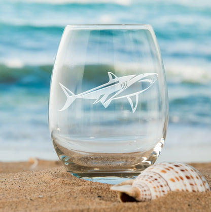 Stemless wine glass with etched detailed shark design – great gift for shark lovers and ocean enthusiasts, perfect for birthdays and special occasions.
