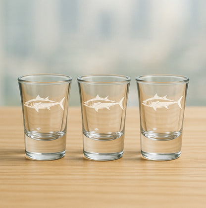Set of 3 etched shot glasses with detailed tuna design – great fishing-themed gift for parties and beach house bars