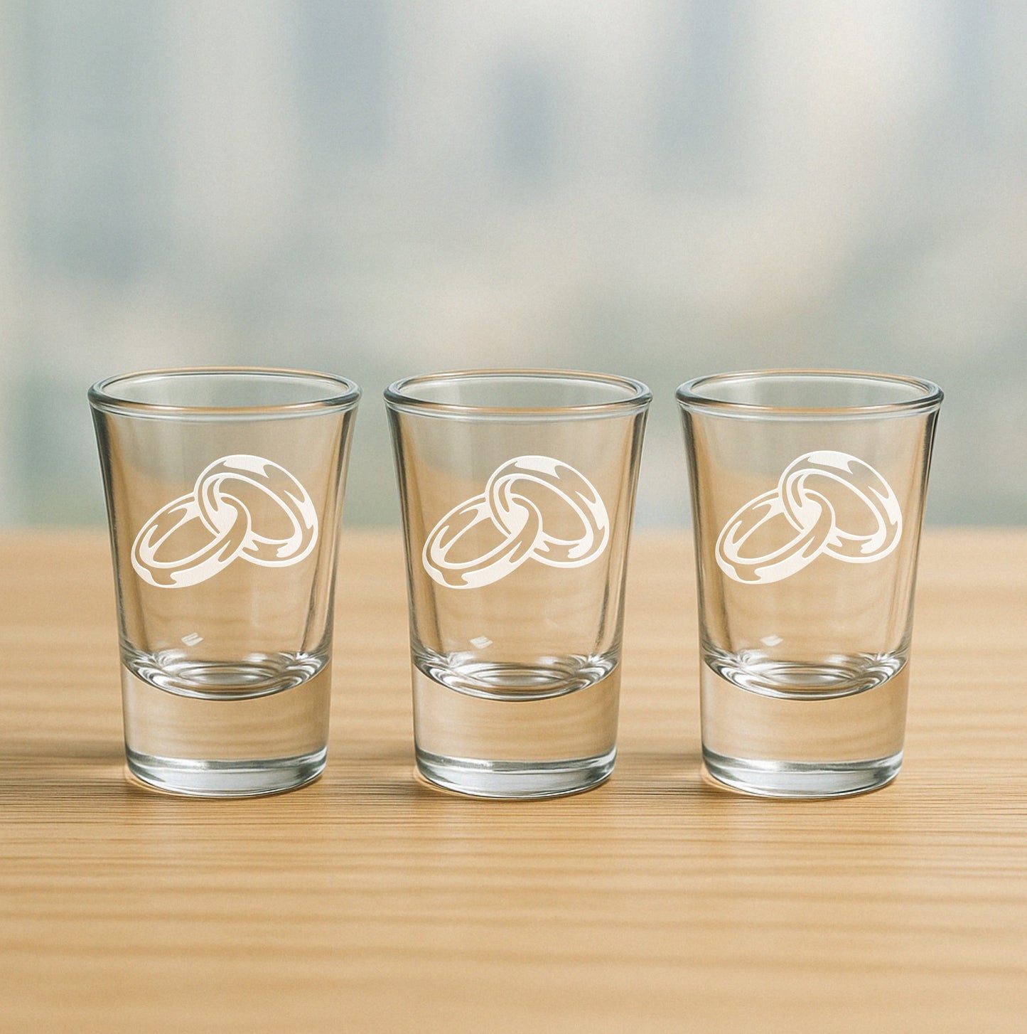 Set of 3 etched shot glasses with detailed wedding rings design – charming his and hers set for wedding parties, anniversaries, and couple gifts