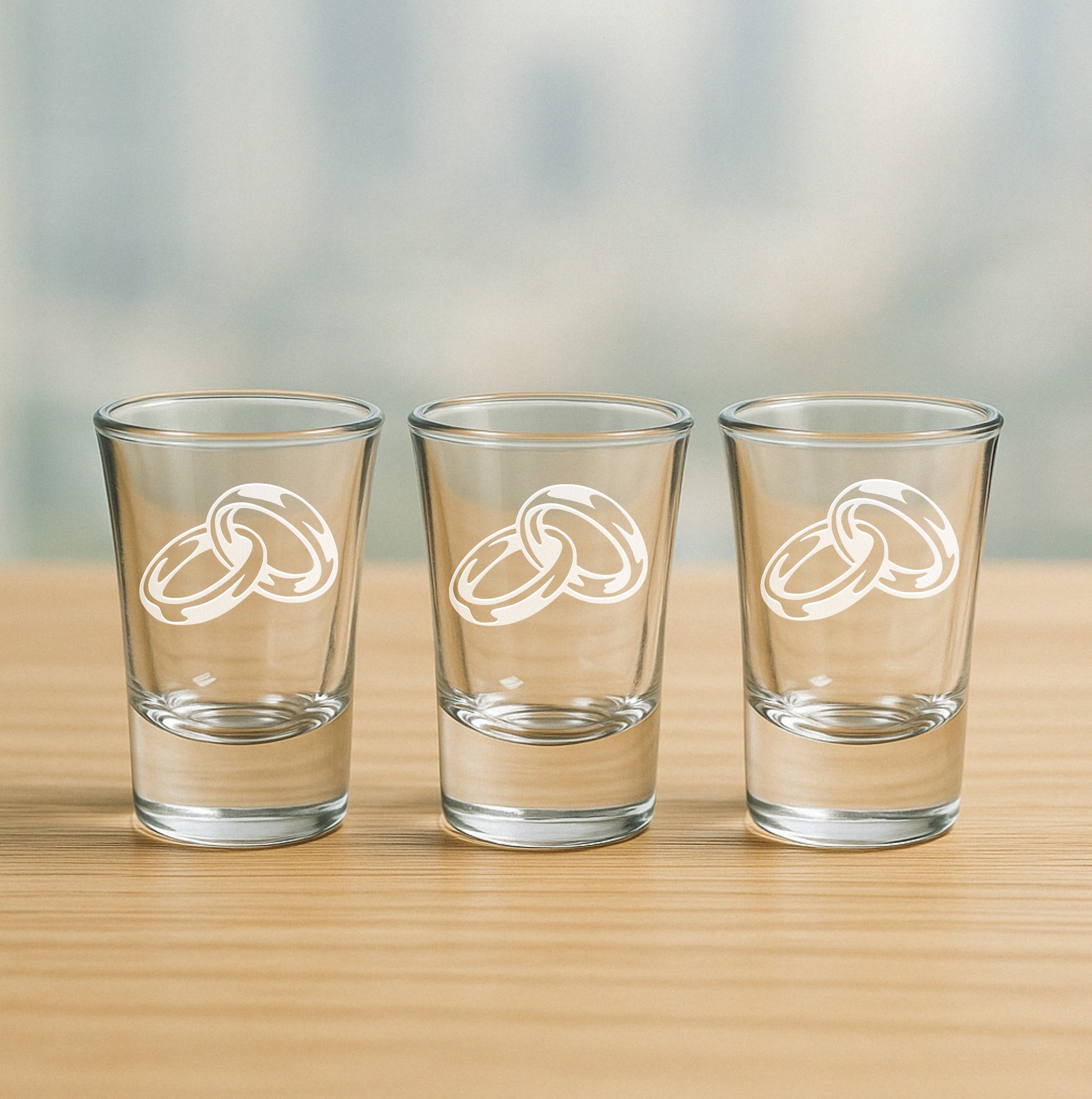 Set of 3 etched shot glasses with detailed wedding rings design – charming his and hers set for wedding parties, anniversaries, and couple gifts