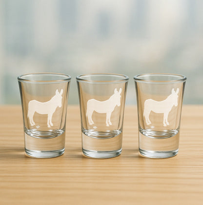 Hand-Etched Donkey Glasses - Wine, Champagne, Pint Glasses, Shot Glass Sets - Kitchen, Bar, Gifts
