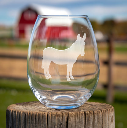 Stemless wine glass with Donkey design – a charming donkey engraving, perfect for farm animal lovers, nature-inspired gifts, and rustic decor.