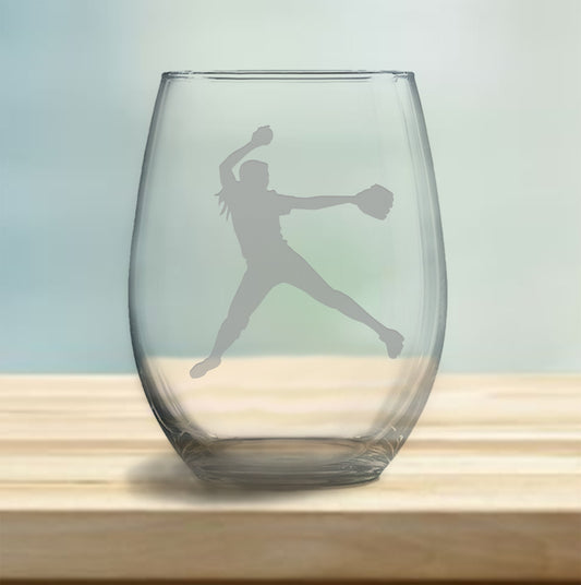 Stemless wine glass with etched female softball pitcher design – perfect gift for softball enthusiasts, ideal for enjoying wine with a sporty, athletic touch.