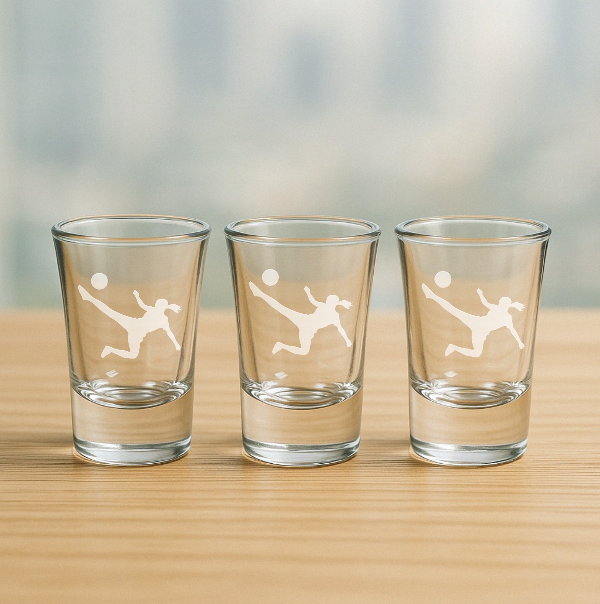 Set of 3 etched shot glasses with female soccer player design – fun gift for soccer parties, athletic events, and coach appreciation