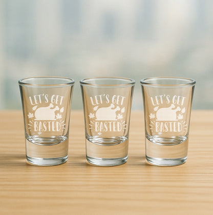 Set of 3 etched shot glasses with “Let’s Get Basted” turkey design – fun party gift for Thanksgiving hosts, holiday drinkers, and seasonal celebrations