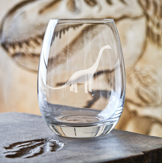 Stemless wine glass with Brachiosaurus dinosaur design – a captivating glass featuring the towering Brachiosaurus, offering a unique prehistoric touch for any occasion.