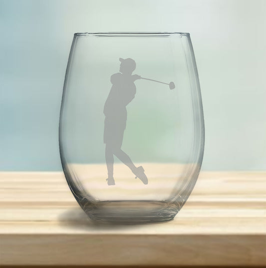 Stemless wine glass with etched male golfer design – perfect gift for golf enthusiasts, ideal for enjoying wine with a sporty, sophisticated touch.