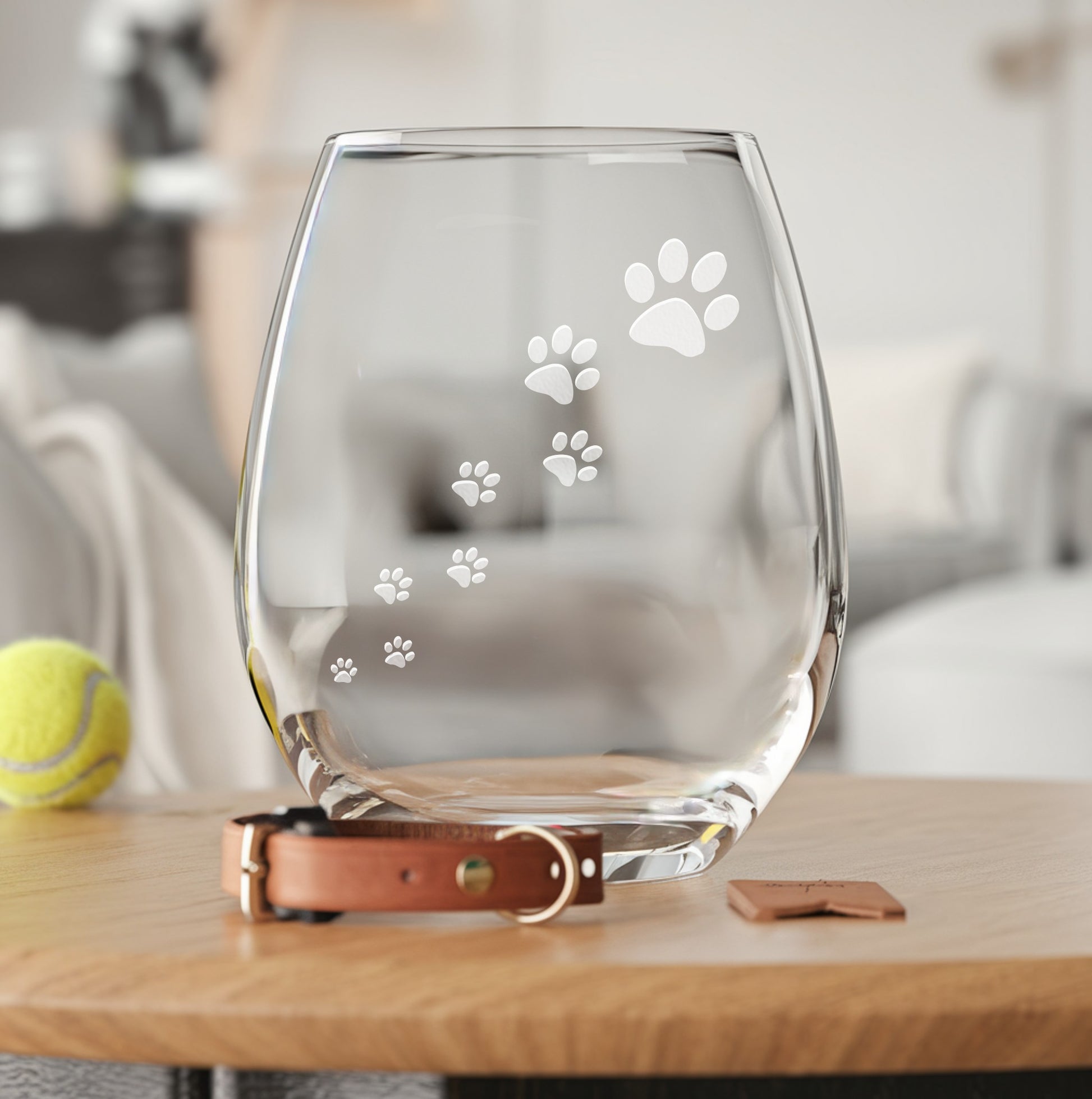Stemless wine glass with Cute Dog Paw Print Trail design – a playful paw print trail, perfect for dog lovers, pet owners, and animal-themed gifts.