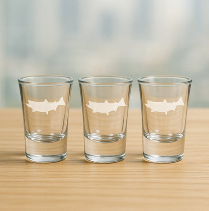 Set of 3 etched shot glasses with salmon design – fun fishing-themed gift for parties, cabins, and outdoor lovers