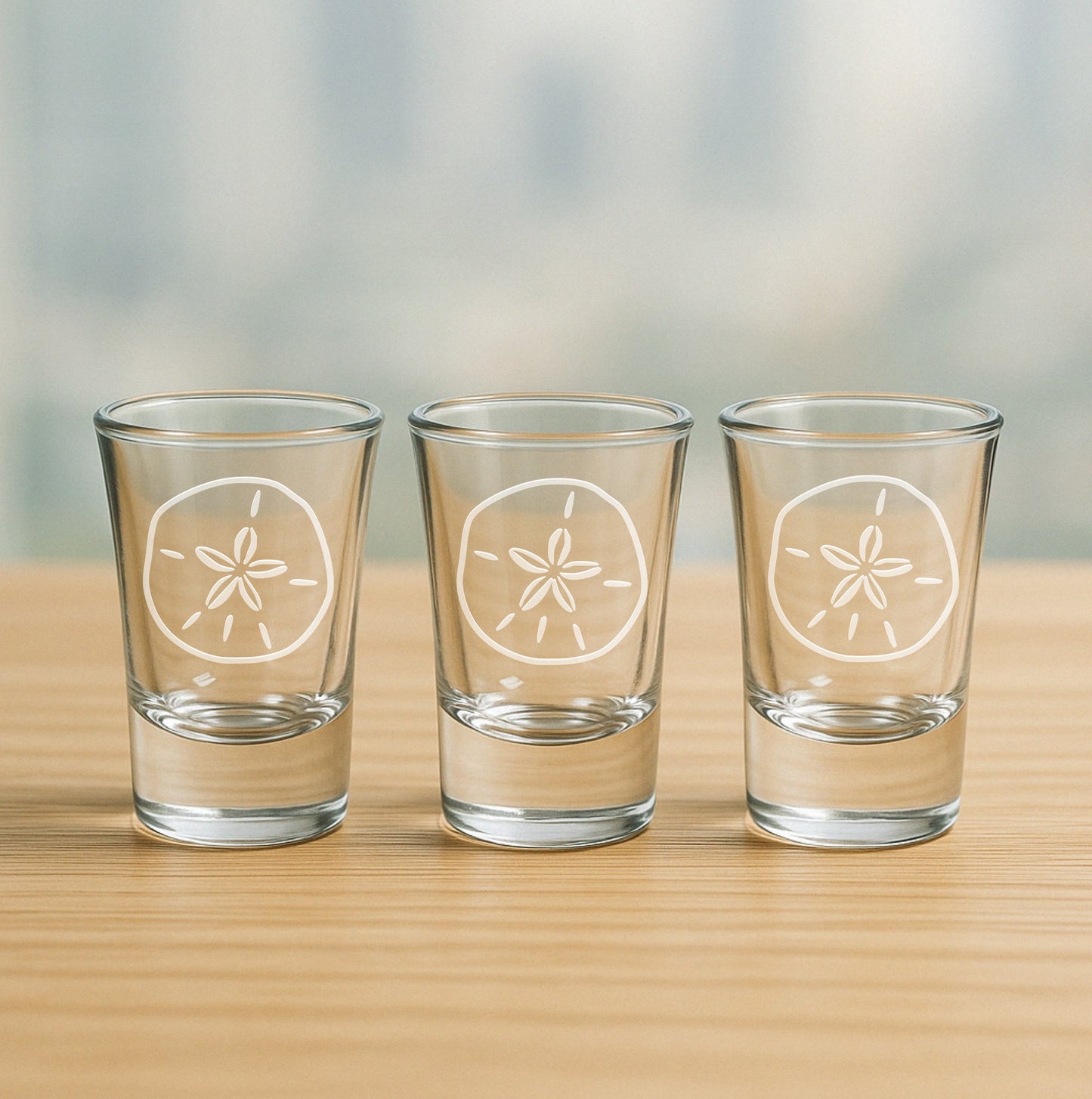 Set of 3 etched shot glasses with sand dollar design – fun nautical gift for parties, ocean fans, and beach houses