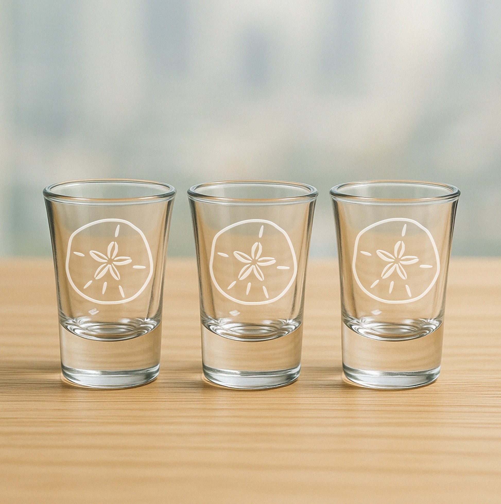 Set of 3 etched shot glasses with sand dollar design – fun nautical gift for parties, ocean fans, and beach houses