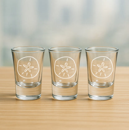 Set of 3 etched shot glasses with sand dollar design – fun nautical gift for parties, ocean fans, and beach houses