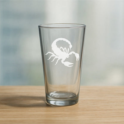Custom etched pint glass featuring scorpion design – personalized beer glass gift for zodiac lovers, astrology fans, and nature enthusiasts