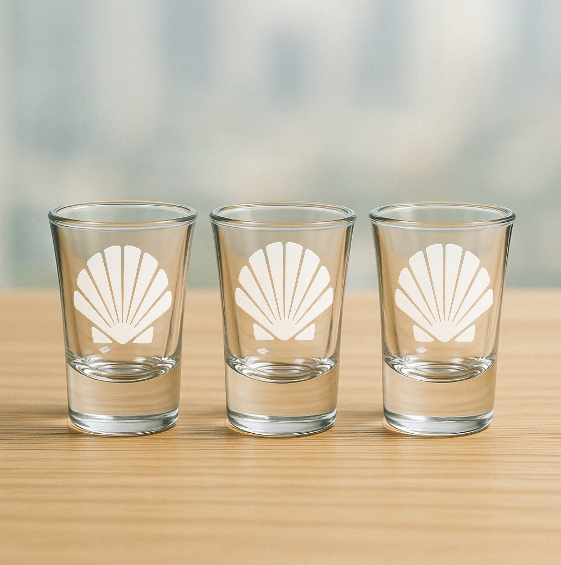 Set of 3 etched shot glasses with sea shell design – fun nautical gift for parties, ocean enthusiasts, and beach houses