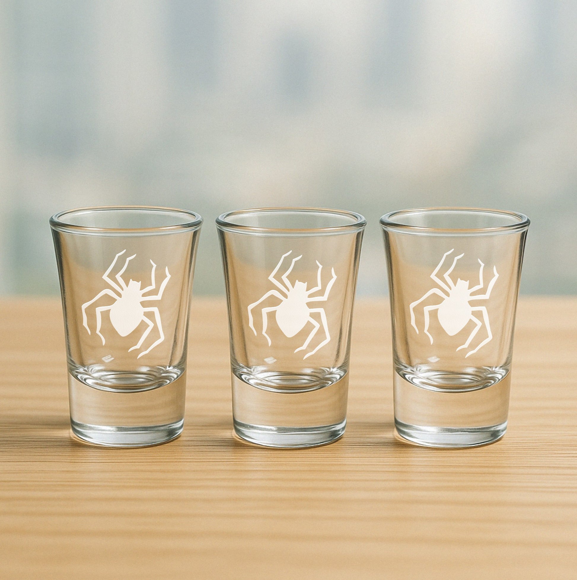 Set of 3 etched shot glasses with creepy spider design – fun gift for Halloween gatherings, spooky events, and seasonal celebrations