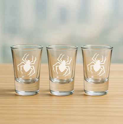 Set of 3 etched shot glasses with creepy spider design – fun gift for Halloween gatherings, spooky events, and seasonal celebrations