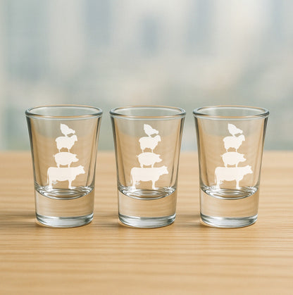Set of 3 etched shot glasses showcasing stacked farm animals design – ideal for farm lovers, country parties, and collectible animal-themed shot glasses