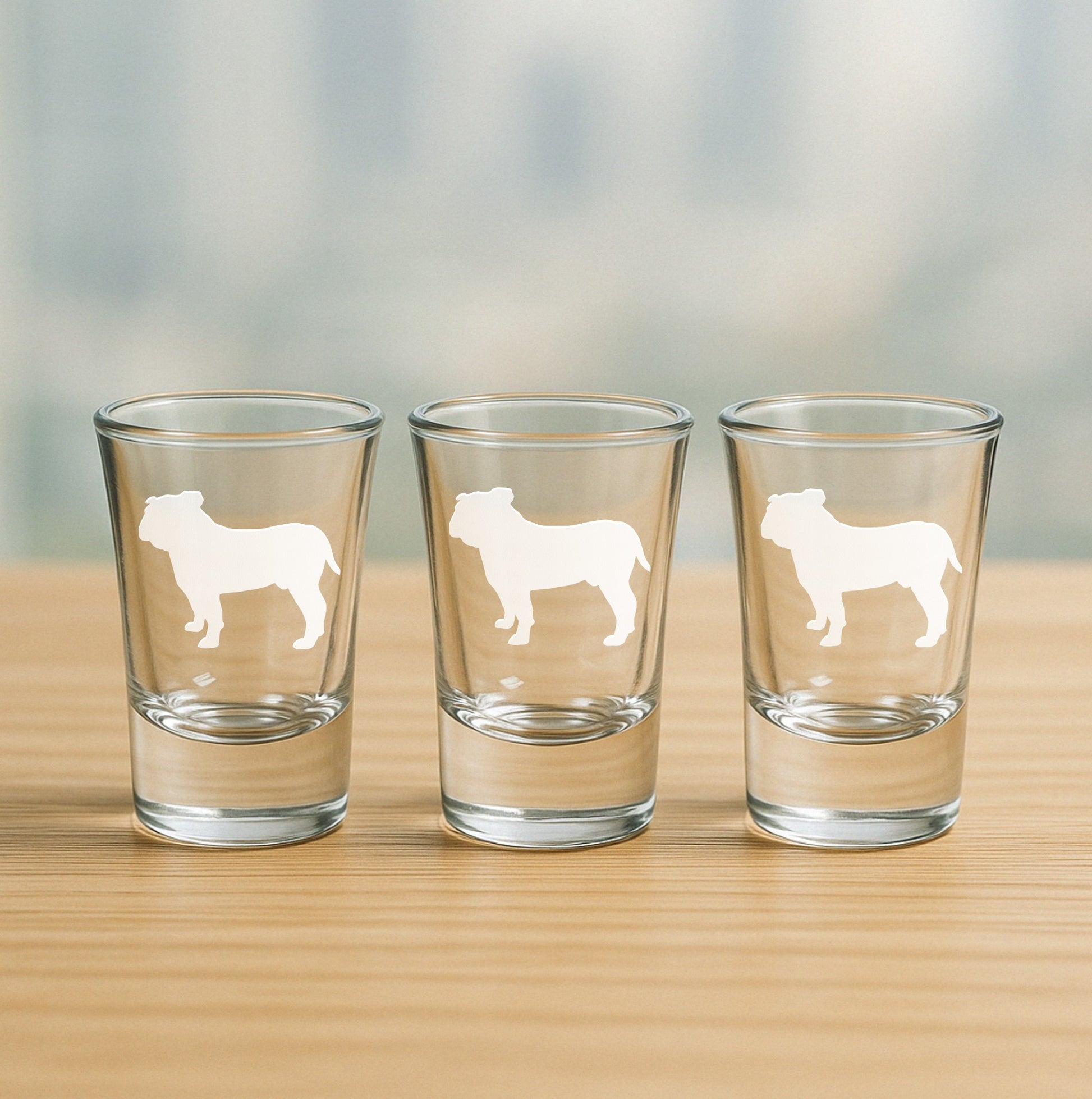 Set of 3 etched shot glasses with standing Bulldog design – fun gift for dog lovers, pet owners, and animal-themed gatherings