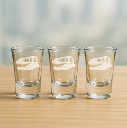T Rex Skull Dinosaur Fossil Etched Glasses - Wine, Champagne, Pint Glasses, Shot Glass Sets - Kitchen, Bar, Gifts