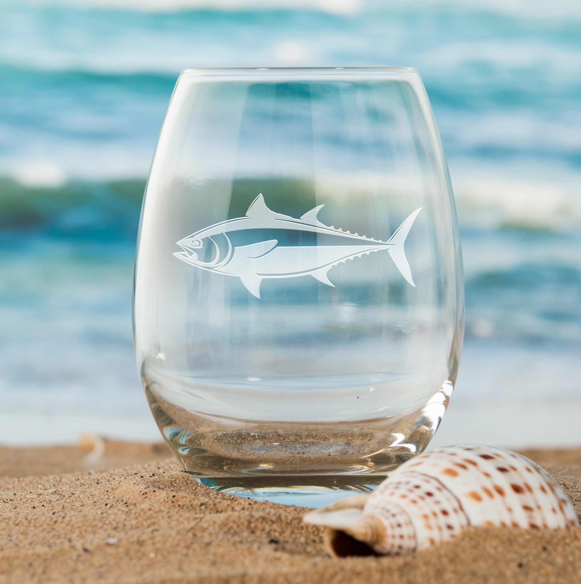 Stemless wine glass with etched tuna fish design – perfect gift for seafood lovers, anglers, and ocean enthusiasts; premium etched glassware for birthdays, Father's Day, and special occasions.