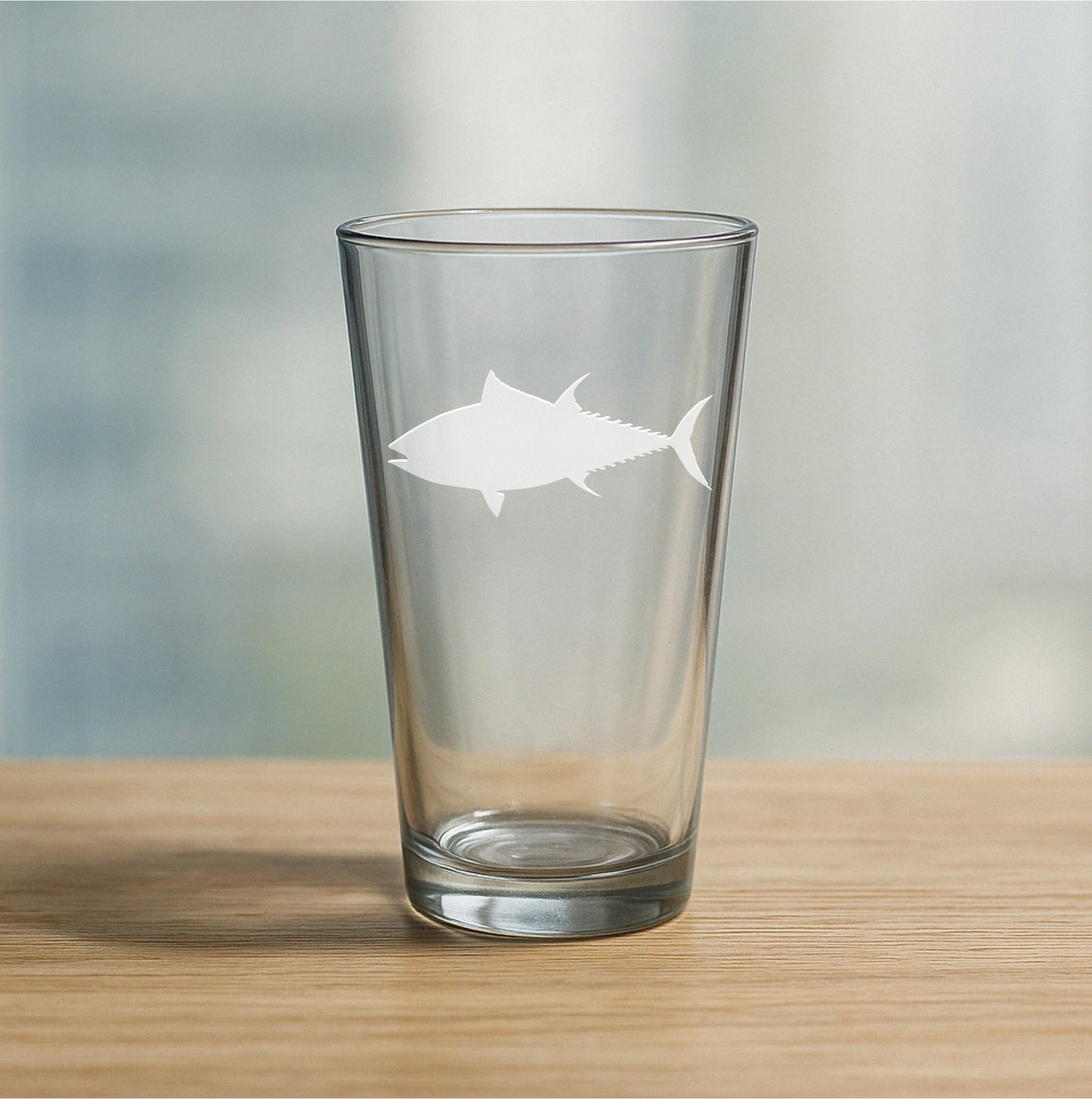 Custom etched pint glass with bold tuna fish design – personalized beer glass gift for anglers and seafood lovers