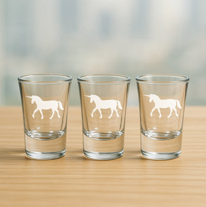 Set of 3 etched shot glasses with unicorn design – charming fantasy-themed shot glass set for gifts, parties, and collectors