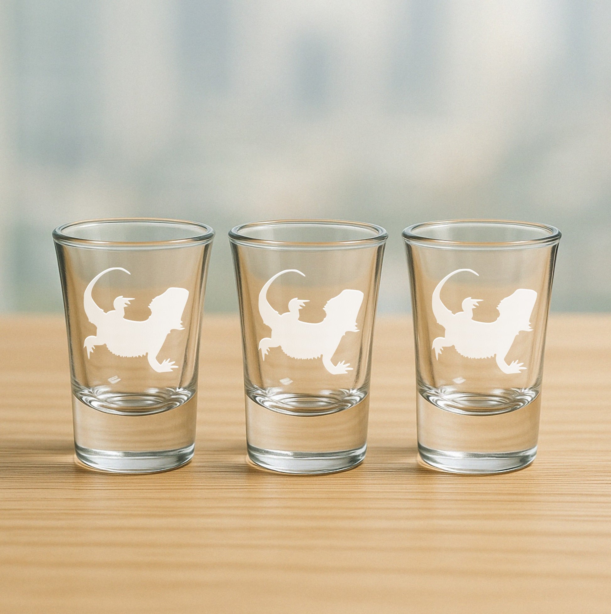 Set of 3 etched shot glasses with bearded dragon design – fun novelty gift for reptile fans, custom barware collectors, and wildlife enthusiasts